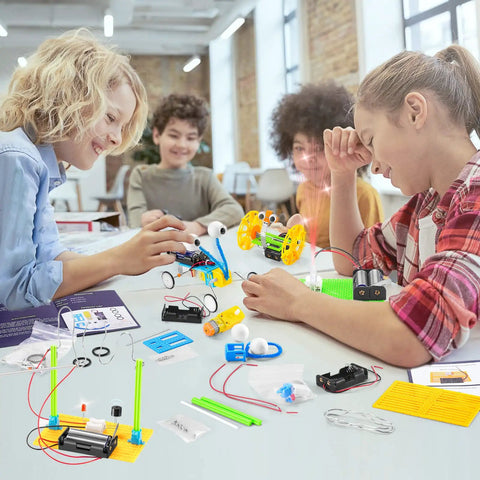 Six In One STEM Robotics Kit For Kids Ages Eight To Twelve With Bubble Machine and Balance Car components on a table