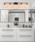 5 Light Crystal Black Vanity Light Fixture For Bathroom Over Mirror Modern Style With Crystal Drops displayed in bathroom