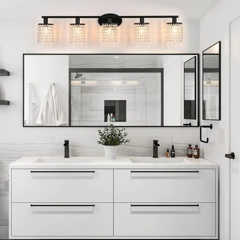 5 Light Crystal Black Vanity Light Fixture For Bathroom Over Mirror Modern Style With Crystal Drops displayed in bathroom