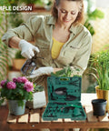 10 Piece Portable Metal Garden Tool Set With Carrying Case For Outdoor Planting Including Rake Pruner And Shovel A Must Have Beginner Friendly Lawn Care Kit For Plant Maintenance And Everyday Garden Tasks. Woman using 10-piece metal garden tool set with green carrying case