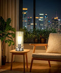 Sleek Dope Touch Control Bedside Lamp With 3 Way Dimmable Brightness Round Glass Shade on modern nightstand, living room.