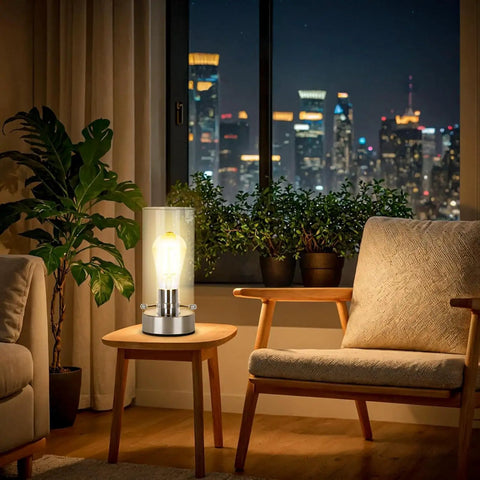 Sleek Dope Touch Control Bedside Lamp With 3 Way Dimmable Brightness Round Glass Shade on modern nightstand, living room.