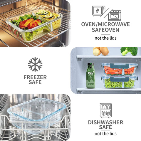 Two Compartment Glass Meal Prep Containers Pack Of 10 With Lids, 30 Oz Each, Airtight Food Storage in oven, fridge, dishwasher