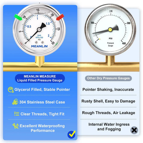 Comparison of Beefy Stainless Steel Liquid Filled Pressure Gauge 0 to 30 Psi vs other dry pressure gauge highlighting features