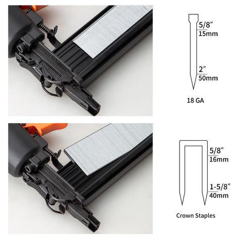 2 In 1 Pneumatic Brad Nailer And Staple Gun For Carpentry Drives 18 Gauge Brad Nails From Five Eighths Of An Inch To Two Inches And Crown Staples From One Quarter Inch To One And Five Eighths Inches With Carrying Case And One Thousand Nails Ideal For DIY