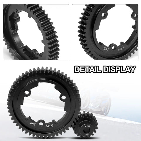 Close-up of 54T Hardened Steel Spur Gear with 18T Pinion Gear for Traxxas X Maxx XO1 Maxx E Revo Two Point Zero VXL RC Car.