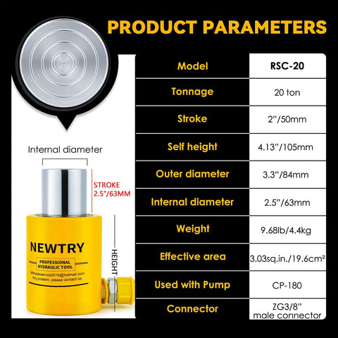 Product parameters of 20 Ton Hydraulic Ram Jack With 2 Inch Stroke And CP 180 Hand Pump Portable Porta Power Kit for automotive repair.