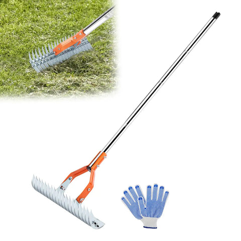 Heavy Duty Thatch Rake for Lawns 15 Inch with Detachable 64 Inch Handle and Adjustable Head Two Sided Dethatcher Rake with gloves