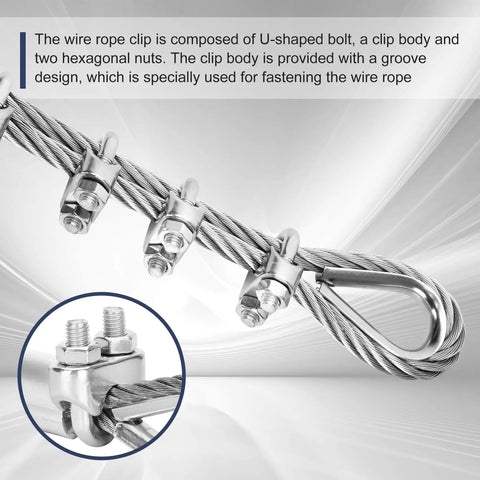 Heavy Duty Quarter Inch Stainless Steel Cable 25 Ft Wire Rope With 7x19 Aircraft Cable Construction 6400 Lbs Breaking Strength Kit showing M8 Wire Rope Clips and Thimbles