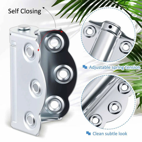 4 Pack Self Closing Screen Door Hinges Two and Three Quarter Inch Adjustable Heavy Duty Steel Spring Loaded Door Closers For Screen Doors Cabinets And Garage Left Or Right Silver showing hinge and tension adjustment details