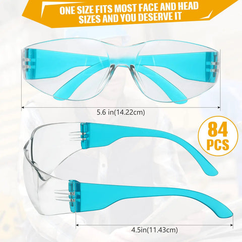Unisex Safety Glasses Bulk Pack 84 Pairs With Polycarbonate Lens, side and front view, blue frame shown, one size fits all.