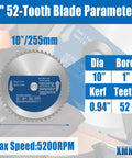 Close-up of 10 Inch Heavy Duty Carbide Tip Metal Cutting Saw Blade For Cutting Mild Steel And Ferrous Metals, 52 Teeth, 1 Inch Arbor