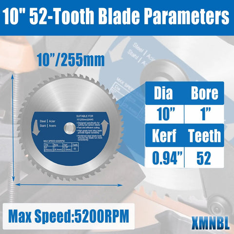 Close-up of 10 Inch Heavy Duty Carbide Tip Metal Cutting Saw Blade For Cutting Mild Steel And Ferrous Metals, 52 Teeth, 1 Inch Arbor