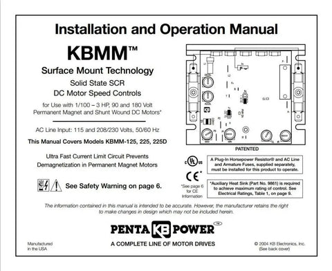 Installation manual for DC Motor Control KBMM-125 with 115 VAC input, 0 to 75 HP range, 90 VDC ARM, and motor speed controls.