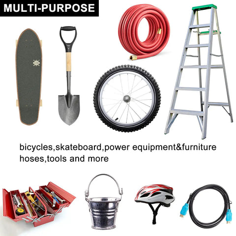 Image showing a variety of items like a shovel, skateboard, bike tire, ladder, helmet, and tools emphasizing multi-purpose use for Heavy Duty Bike Storage Hooks 12 Pack Wall And Ceiling Mounted Bicycle Hooks Large Screw Hooks For Garage Space Saving Easy No Fuss Install And Remove Durable Wall Mounts For Bikes.