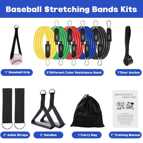 Pro Grade Baseball Resistance Bands Set With Interchangeable Grips For Arm Strength And Pitching Training Game Ready Includes 5 Resistance Levels Door Anchor Handles Ankle Straps Baseball Strap Carry Bag And Training Manual