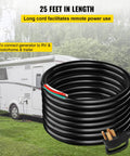 Rock Solid 25 Foot 50 Amp Generator Extension Cord With Nema 14 50P To Raw End Wire For Rv Trailers Home Backup Generators And Manual Transfer Switches No Sweat Hookup Pro Grade Copper coiled on grass near RV.