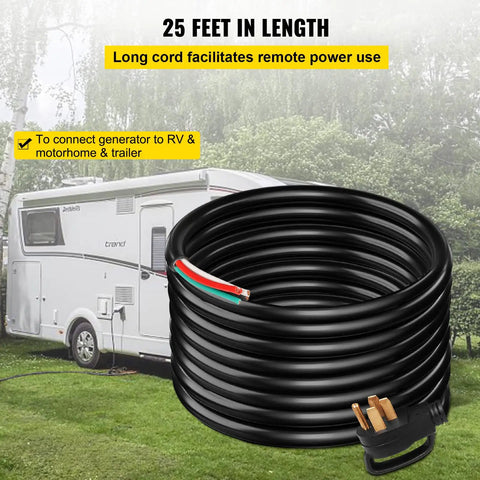 Rock Solid 25 Foot 50 Amp Generator Extension Cord With Nema 14 50P To Raw End Wire For Rv Trailers Home Backup Generators And Manual Transfer Switches No Sweat Hookup Pro Grade Copper coiled on grass near RV.
