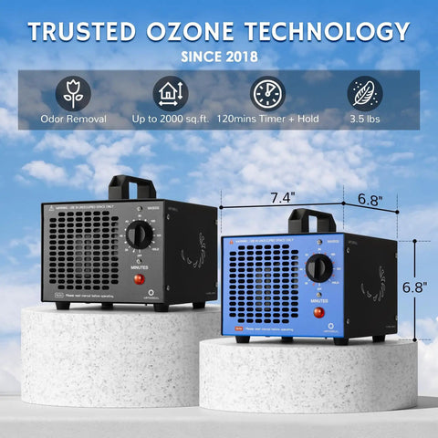 High Capacity Ozone Generator For Odor Elimination In Homes, Cars, And Pets Up To 2000 Sq Ft on display with dimensions
