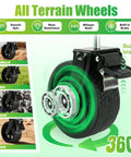 Close-up of all terrain wheels with built-in brake for Heavy Duty Collapsible Wagon Cart With 31.5x17 Inch Tabletop, 500 Lb Capacity.