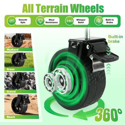 Close-up of all terrain wheels with built-in brake for Heavy Duty Collapsible Wagon Cart With 31.5x17 Inch Tabletop, 500 Lb Capacity.