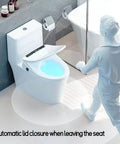 Gamechanging Smart Heated Toilet Seat With Self Cleaning Stainless Steel Nozzle Adjustable Water Flow Warm Air Dryer Slow Close Lid And LED Light Quick DIY Setup For Solid Comfort showing automatic lid closure feature.
