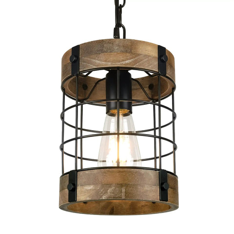 Rustic Pendant Light Fixtures For Farmhouse Kitchen And Entryway, wood frame with black cage, single bulb hanging light