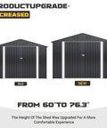 Comparison of old and new 8 By 12 Ft Outdoor Metal Storage Shed With Updated Frame Structure, showing height increase from 60" to 76.3"