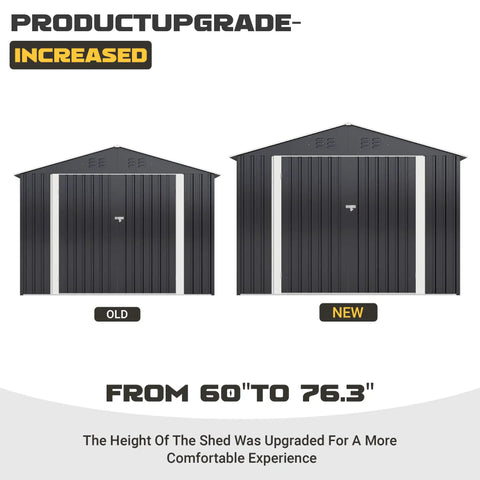 Comparison of old and new 8 By 12 Ft Outdoor Metal Storage Shed With Updated Frame Structure, showing height increase from 60" to 76.3"