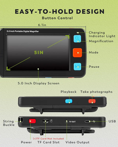 Diagram of a 5 Inch Portable Digital Magnifier With 4X To 32X Zoom And Foldable Handle For Quick Reading On The Go, showing button controls.