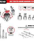 19 Piece Heavy Duty Drive Accessory Set With Universal Joints Adapters 9 Extension Bars T Handle Wrench And Sliding Sockets