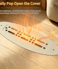 2x10 Inch Aluminum RV Floor Vent Cover With Magnet Assisted Removable Lid releasing warm air in khaki finish on wooden floor
