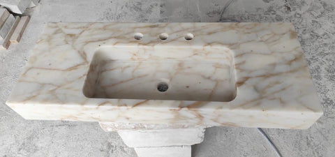 Top Shelf Hand Carved Afyon Honey Marble Bathroom Vanity Sink With Slick Countertop Setup And Durable Natural Stone Craft For Upscale Residential Or Swanky Commercial Decor, 18x14 inches, smooth surface.