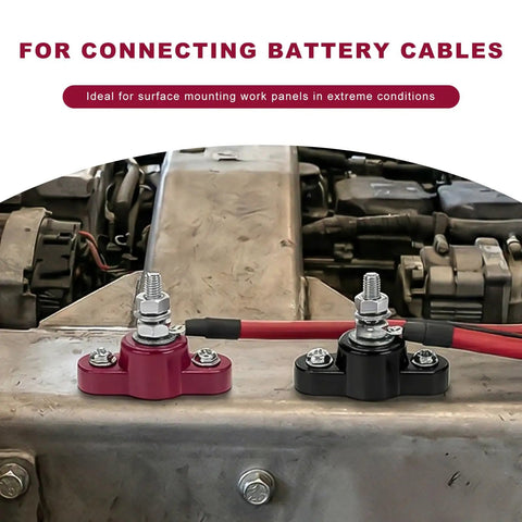 2 Piece 5/16 Inch 12V Car Battery Junction Post Block Single Stud Terminal Heavy Duty Insulated Power Distribution Ground Connector Kit For Auto Marine Rv Boat With Rustproof Hardware And No Sweat Wiring connected to battery cables on a metal surface.