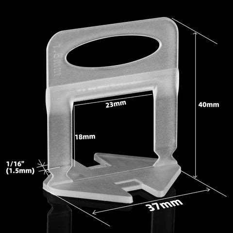 Close-up of One Sixteenth Inch Tile Leveling Clips Kit spacer dimensions, showing 23mm width and 18mm height with 1/16 inch gap.