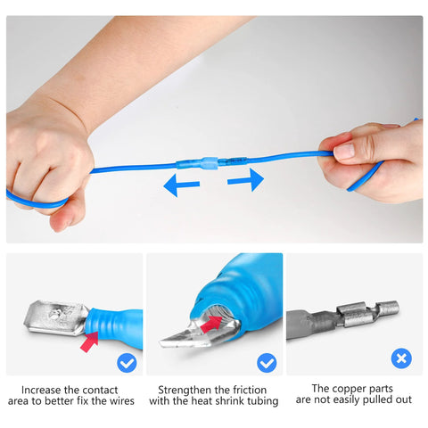 Front view of Kuject 320pcs heat-shrink wire connectors kit with blue insulated butt splices being crimped onto a wire.