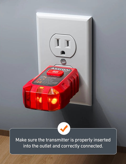 Circuit Breaker Finder With GFCI Outlet Tester for Home and Workshop plugged into wall outlet with indicator lights on