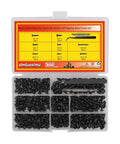 Real Deal Heavy Duty 400 Piece Black Carbon Steel Self Tapping Screws Assortment Kit With Pan Heads and Fasteners in organized storage box.