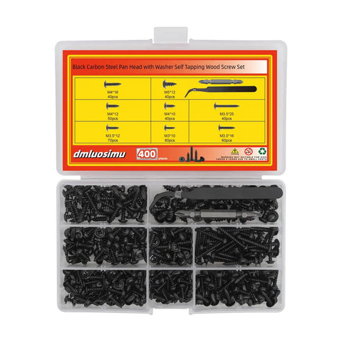 Real Deal Heavy Duty 400 Piece Black Carbon Steel Self Tapping Screws Assortment Kit With Pan Heads and Fasteners in organized storage box.
