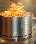 Smokeless 28 Inch Fire Pit With Stand And Grill Rack for backyard fun, stainless steel wood burning outdoor stove, flames visible