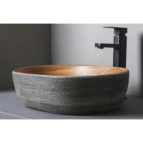 Countertop Bathroom Sinks Ceramic Carving/Oval Bathroom Sink Handmade Countertop Vessel Bathroom Sink 15.7 X 10.6 X 5.1 Inches with modern faucet.