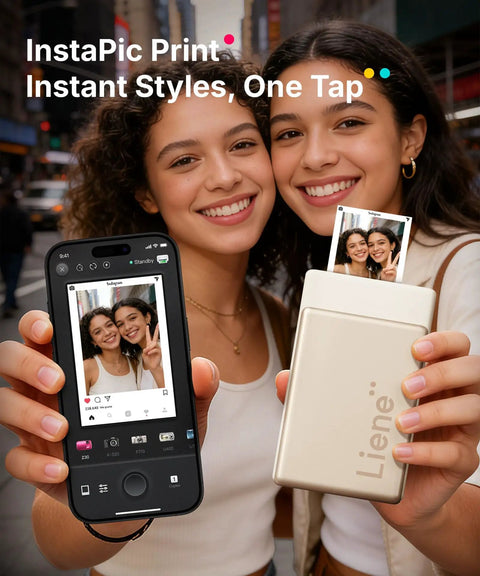 Portable AI Photo Printer For iPhone And Smartphone, Instant Mini Sticker Printer With Bluetooth, in hand with phone.