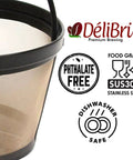 Gold Toned Reusable Coffee Filter Basket For 8 To 12 Cup Brewers Permanent Cone Style That Replaces Paper Filters No Mess Dishwasher Safe BPA Free Fits Mr Coffee And Other Brand Coffeemakers For A Richer Cleaner Brew with Phthalate Free and Food Grade Stainless Steel certifications shown on product.