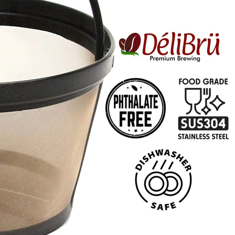 Gold Toned Reusable Coffee Filter Basket For 8 To 12 Cup Brewers Permanent Cone Style That Replaces Paper Filters No Mess Dishwasher Safe BPA Free Fits Mr Coffee And Other Brand Coffeemakers For A Richer Cleaner Brew with Phthalate Free and Food Grade Stainless Steel certifications shown on product.