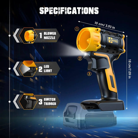 Air Duster 380W Beast Power Brushless High Speed Motor 100,000 RPM Turbo Jet Fan with battery space, nozzle, LED light, and switch.