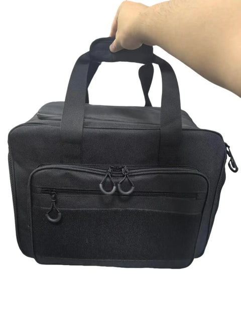 12V Plug In Electric Car Cooler Bag, 25 Liter Portable Beverage Fridge, black cooler bag shown with hand grip.