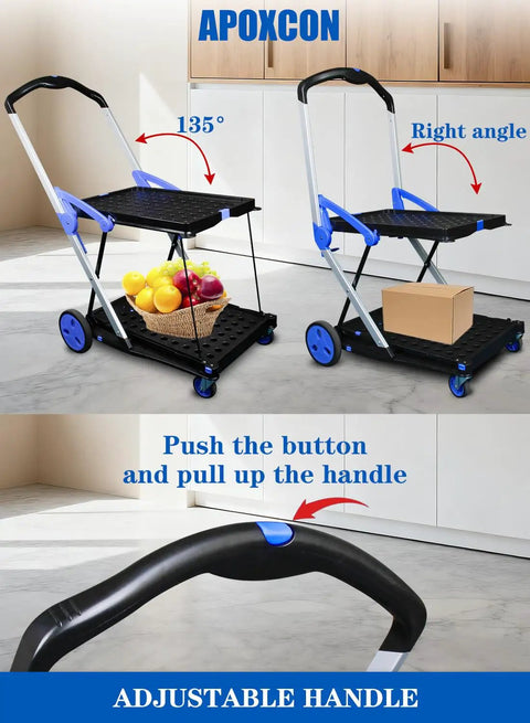 Dope Two Tier Collapsible Shopping Cart With Two Storage Crates And 360 Degree Swivel Wheels shown with crates and handle adjustment.
