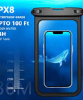 Two Pack Waterproof Phone Pouch Go To Up To 10 Inch Large Universal IPX8 Dry Bag With Lanyard showing underwater test depth