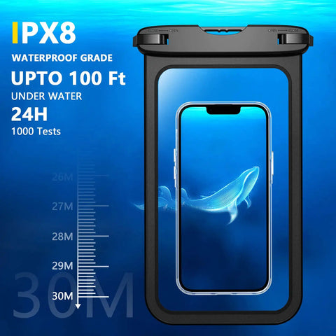 Two Pack Waterproof Phone Pouch Go To Up To 10 Inch Large Universal IPX8 Dry Bag With Lanyard showing underwater test depth