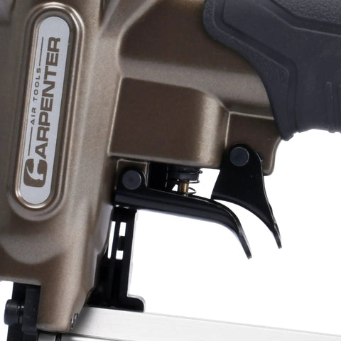 Close-up of the trigger mechanism of the Strong Armed Pneumatic 23 Gauge Pin Nailer forged from hardened aluminum.